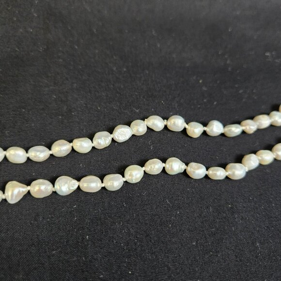 White Baroque Freshwater Pearl Necklace 34” Hand Knotted Iridescent Long Strand - Picture 3 of 7